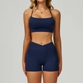 Ensemble de yoga bleu foncé avec short croisé taille haute et brassière dos nu - Bleu minuit (Soutien-gorge + Short)