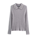 Pull polo en maille torsadée grise à manches longues avec col à fleurs en perles - S / Gris Sidéral