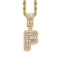 Close-up of hip-hop gold letter F pendant with pave-set crystals and rope chain - Letter F Gold + 60cm Rope Chain