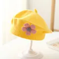 Yellow knit beret for baby girls featuring a cute pink flower accent for winter warmth - 3-48 Months / Yellow