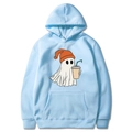 Light blue Halloween hoodie with a cute ghost wearing an orange beanie graphic - Light Blue