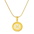 18k gold plated round necklace with white enamel M letter pendant and scalloped edges - White Letter M