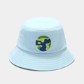 Detail of light blue cotton bucket hat with circular embroidered patch and stitched brim - M (56-58cm) / Light Blue