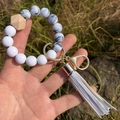 Handheld silicone beaded keychain wristlet with white and marble beads and white tassel - Marble