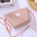 Pink woven straw crossbody bag for girls with a decorative daisy flower detail - 19*14*5cm / Large Shell Bag Pink Daisy / Pink