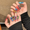 Colorful graffiti oil painting style coffin press-on nails with street art lettering - XS