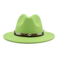 Detail of green fedora hat featuring a brown leather band and shell accent - Fruit Green