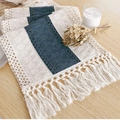Bohemian cream and dark green striped woven table runner with handmade knotted tassels - Blue-gray - Knotted Tassels / 30*50cm