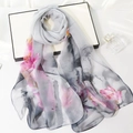 Elegant long floral silk scarf for women with ink flower print in grey and orange - Ink Lotus Grey