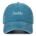 Close-up of white Daddy embroidery on blue washed cotton vintage baseball cap - One Size / Lake Blue