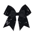 Detailed view of the layered black sequin bow hair clip with textured ribbon center - Black
