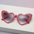 Sparkly red heart-shaped sunglasses with silver rhinestones and purple gradient lenses - Rhinestone Red Frame Gradient Gray Lens