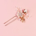 Peigne à cheveux mariée avec fleurs en tissu rose et feuilles dorées à perles blanches - Épingle à cheveux 2 fleurs / Rose