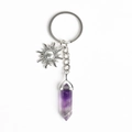 Silver sun keychain with purple crystal hexagonal prism and metal alloy pendant - Amethyst