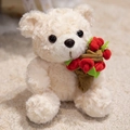 Creamy white teddy bear plush toy holding a red velvet rose bouquet gift - White Bouquet Bear