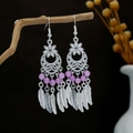 Bohemian silver drop earrings with purple beads and hanging metal feathers - Silver Purple (E1587-2)
