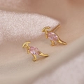 Gold dinosaur stud earrings with marquise pink gemstone inlay for women - Parasaurolophus / Pink