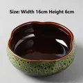 Green and black ceramic lotus bowl with dark brown glazed interior, width 16cm height 6cm - DY Four-Petal Flower Hydroponic Pot-006