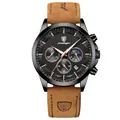 Poedagar men's quartz watch with black dial and brown leather strap with date window - Black Case Black Dial Leather Strap