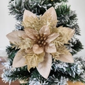 Close-up of champagne gold glitter artificial flower on snowy Christmas tree branch - 14.5cm / Champagne Gold
