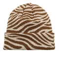 Brown and beige zebra striped knitted beanie hat with classic folded cuff detail - M (56-58cm) / Zebra Khaki