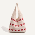 Knitted tote bag in cream white with red heart patterns and thick cable texture - Apricot with Red Heart - Three Rows