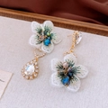 Detail of vintage flower earrings with embroidery petals and sparkling rhinestones - 5# Silver Earring Post - Gold - White - Embroidery Flower