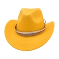 Yellow felt western cowboy hat with decorative star bands and rivets on white background - One Size / Yellow