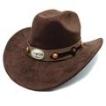 Detail of faux suede cowboy hat showing bull head metal buckle and beaded leather band - M (56-58cm) / Coffee