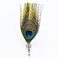 Peacock feather brooch pin with yellow accent and silver metallic holder on white backdrop - Neon Yellow
