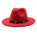 Close-up of red wool fedora hat with black band and golden metallic stud details - Size M (56-58cm) / Red