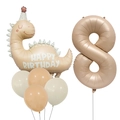 Close-up of matte cream dinosaur and number 8 foil balloon set for birthday party - Caramel Dinosaur Set 8 (Number 8)