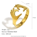 Macro view of 18K gold plated stainless steel heart hands ring with size dimensions - Heart Gesture Open Ring - Gold