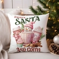 White Christmas pillow cover with Santa Coffee artwork on a soft white sofa setup - TQYM72-18 (Santa and Coffee)
