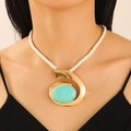 Bohemian turquoise conch pendant necklace with white woven rope and golden spiral frame - Gold Spiral Pendant Necklace with Turquoise (S74)