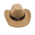 Brown wool felt cowboy hat with silver bull head emblem and studded leather band - One Size (57cm) / Camel