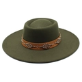 Detail of olive green wool fedora with brown leather strap and silver rivet patterns - Adult 57-59cm / Army Green