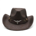 Vintage donkerbruine cowboyhoed van suède-textuur met metalen stier-kop detail - Donkerbruin (Gecraqueleerde Textuur) / M (56-59cm)