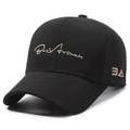 Classic black baseball cap with premium gold embroidery lettering in a stylish side view - Adjustable / Black with Gold Embroidery