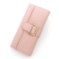 Long pink PU leather wallet for women with pebble grain and gold buckle detail - Pink