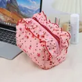 Pink floral quilted cosmetic bag with red ruffled trim and vintage flower pattern - Pink Ruffled Floral