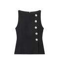 Women's black sleeveless top with crystal jewel buttons on white background - XS / Tank Tops / Black