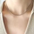 Minimalist silver beaded choker necklace made of polished metal on a female model - Steel Color Single Layer Choker 35+6cm