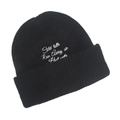 Detailed view of black ribbed knit beanie featuring white Cold Latte letter embroidery - Black