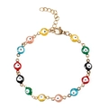 Close-up of golden evil eye bracelet with colorful enamel beads and lobster clasp - Multicolor Eye