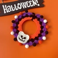 Halloween knitted pet collar with purple and orange yarn, white crochet skull and pom poms - S (1-3kg) / White Ghost Pompom Collar