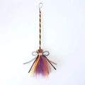 Detail of Halloween witch broom with orange striped handle and purple mesh tinsel bow - 55*20CM / Black Orange Purple