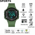 Waterproof digital sports watch with olive green silicone strap and LED backlight - Army Green