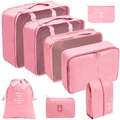 7-piece pink travel organizer set including mesh cubes, laundry bags, and a shoe bag - Digital Bag 8-Piece Set / Pink