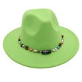 Close-up of lime green wool felt fedora with colorful ethnic beaded trim and braided rope - One Size / Fruit Green (Obsidian Decoration)